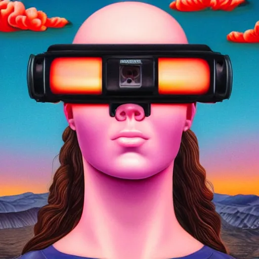 Image similar to alex gross, award winning masterpiece with incredible details, a surreal vaporwave vaporwave vaporwave vaporwave vaporwave painting of an old pink mannequin head wearing vr goggles with cables and wires coming out of it's neck, highly detailed