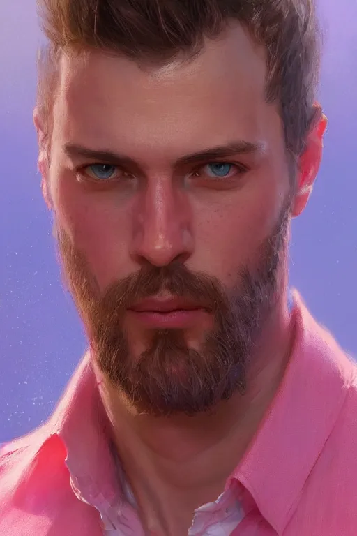 Image similar to painted portrait of realistic wold wearing pink shirt, mature, handsome, blue eyes, intricate, digital painting, artstation, concept art, smooth, sharp focus, illustration, art by gaston bussiere and greg rutkowski