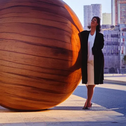 Image similar to a woman standing next to a large wooden ball, a marble sculpture by fernando botero, pexels contest winner, qajar art, full body, windows vista, ray tracing