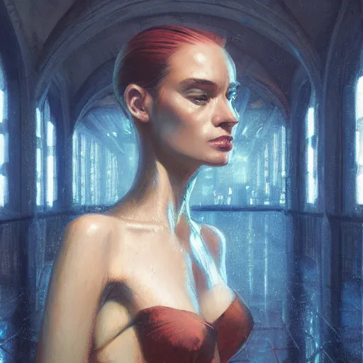 Image similar to detailed face of a woman, moment, cyberpunk cloisters, electronic billboards, tech noir, wet reflections, prism, atmospheric, ambient, pj crook, syd mead, livia prima, greg rutkowski, edward hopper