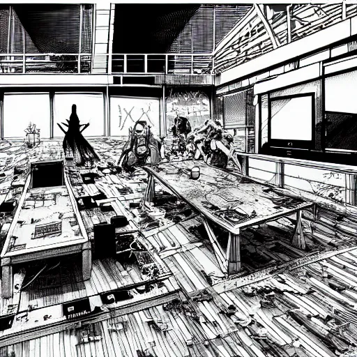 Prompt: high quality illustration of a rooftop picnic in an abandoned building in the style of ghost in the shell and blame and akira, manga, black and white, pencil, traditional art, anime, by katsuhiro otomo and tsutomu nihei and masamune shirow and studio ghilibi and yukito kishiro, highly detailed, sharp lines