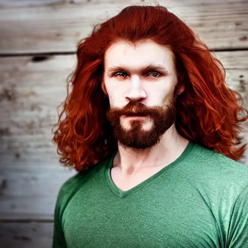 Image similar to soulful russian man with long wavy red hair, innocent green eyes, short goatee, and powerful muscles. wholesome, tender, kind!