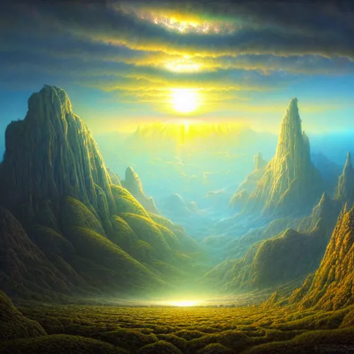 Image similar to of an impossible landscape with a infinite multi dimension portal, a beautiful ultradetailed matte painting a lush mountain range at dusk by tomasz alen kopera and Justin Gerard and Dan Mumford, tarot card, dazzling energy, ultra wide angle shot, high angle shot, intricate, fractal magic, rays of god, hyperdetailed, micro details, volumetric lighting, 8k, ray tracing, polarized lens