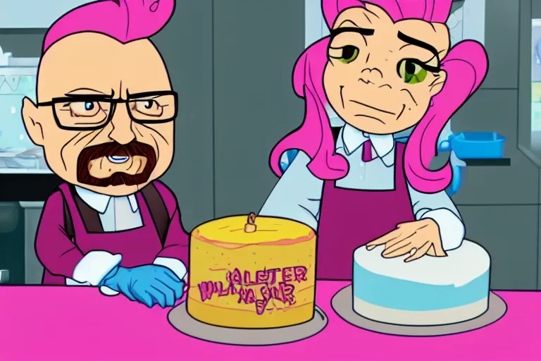 Prompt: walter white making cakes with pinkie pie