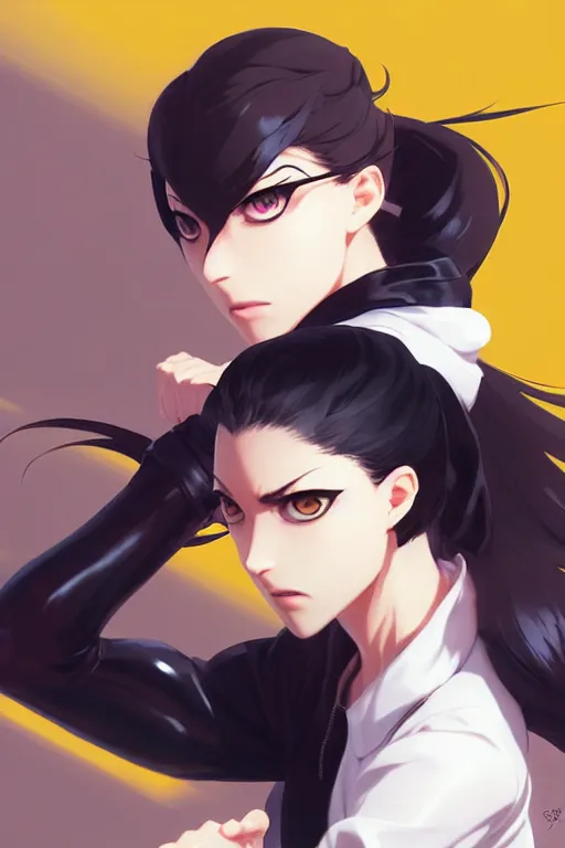 Image similar to black ponytail hair, pale woman in a black zipper jacket, yellow eyes, by artgerm, hair tied in a ponytail, white backdrop, soft lighting, fighting pose, dynamic angle, by greg rutkowski makoto shinkai takashi takeuchi