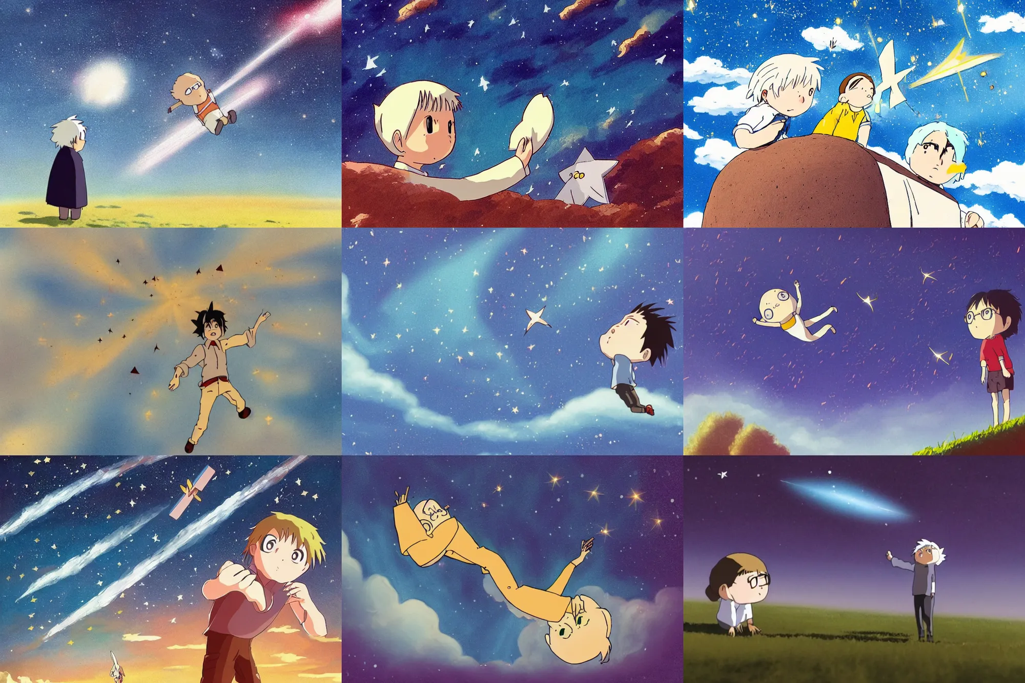 Prompt: a shooting star alone in the sky of an unknown universe in the style of hayao miyazaki
