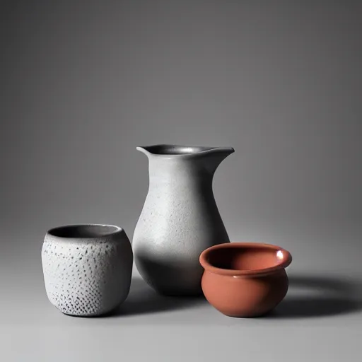 Prompt: a studio photo of new pottery by Florian Gadsby, shot for pottery magazine, canon C300, high resolution, 1.4, 50mm, bokeh, product photography, highly detailed, sharp focus, HDR