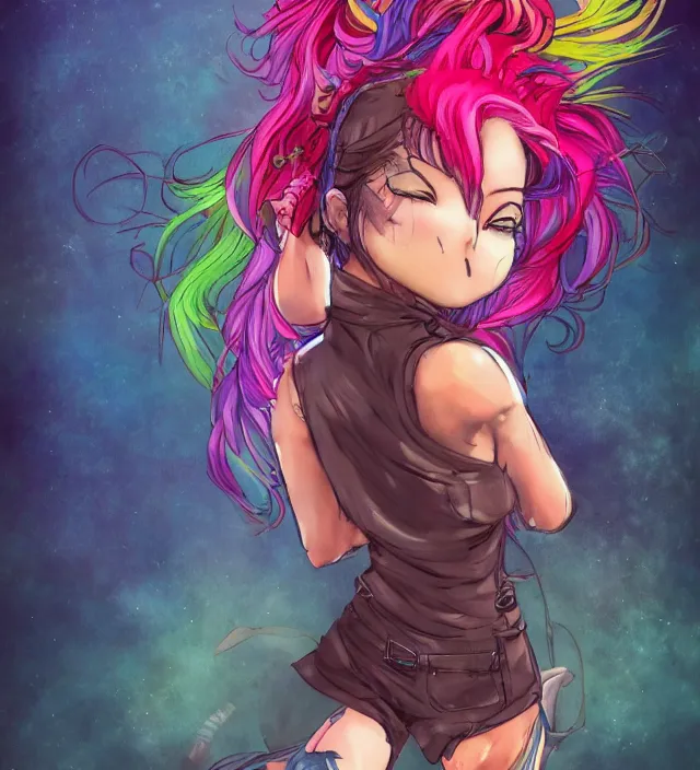 Image similar to full body pose, hd, manga anime portrait of a fairy girl in combat boots and overalls, rainbow hair, in ishikawa ken frank miller jim lee alex ross style detailed trending award winning on flickr artstation,