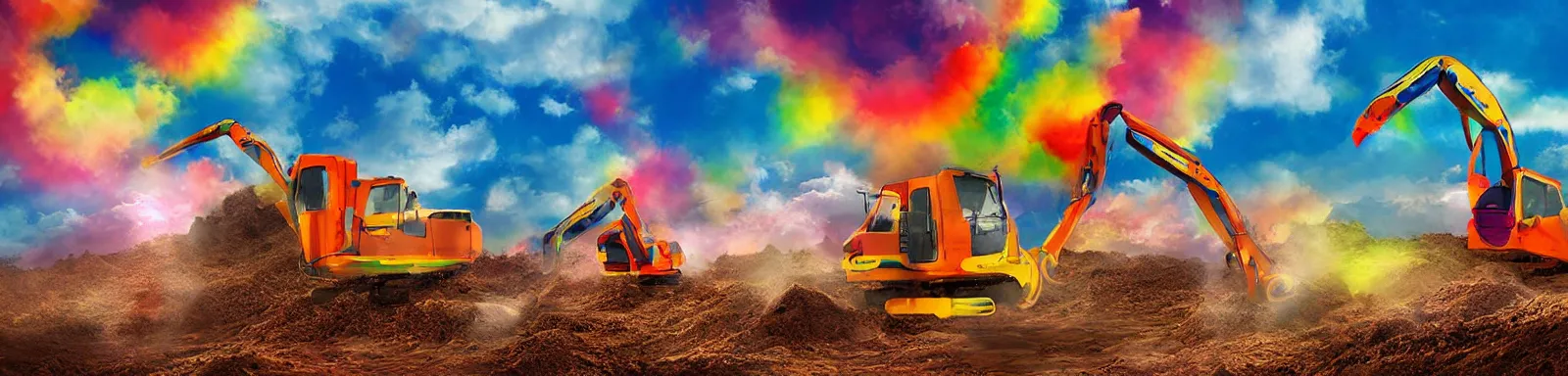 Image similar to Fluffy ballon-like excavators, colourful, rainbow colours, 1080px, advanced digital art