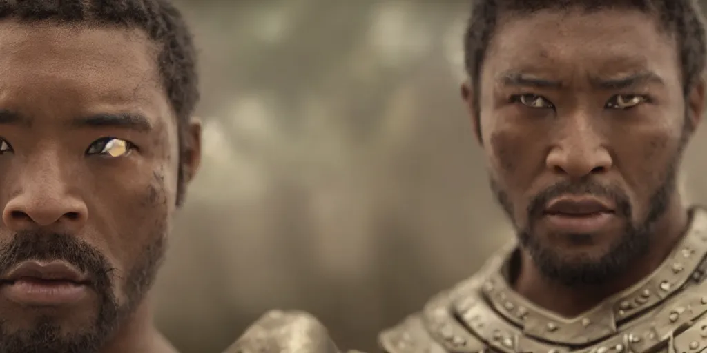 Image similar to a film still of a black man starring in a japanese blockbuster film as ancient samurai, intense, shallow depth of field, cinematic, award winning cgi, vfx, film still