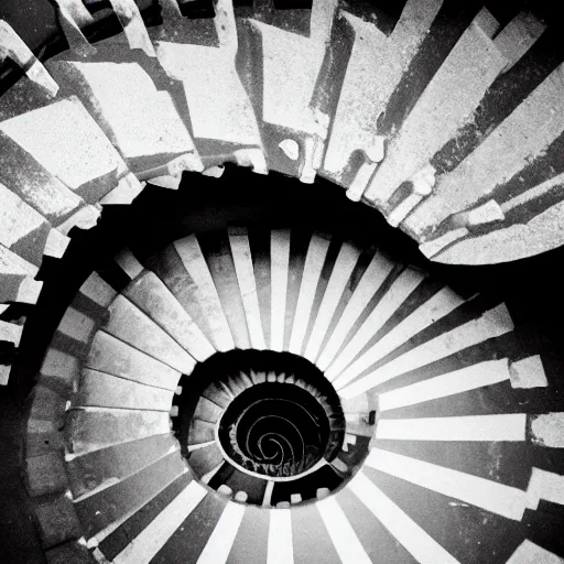 Prompt: creepy photo of a spiral staircase in a sewer