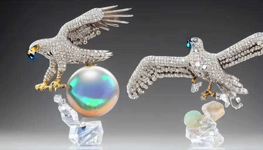 Image similar to diamonds, pearls, ice crystals, opals and other various gemstones being thrown around in the shape of a hawk by a tornado, museum sculpture, 4k, high quality photograph, award-winning