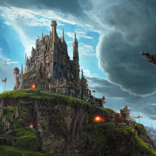 Image similar to large fantasy castle rising from the top of a giant tortoise, towering over a harsh barren wasteland, howls moving castle, mortal engines, kaiju, distant shot angled slightly up, fantasy, hyper detailed, 4 k