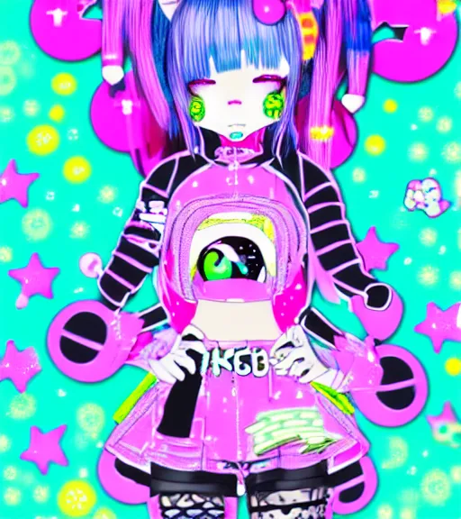 Image similar to cybergoth decora glitchcore yokai girl, sanrio tamagotchi moe ornaments, pastel cute cinematography