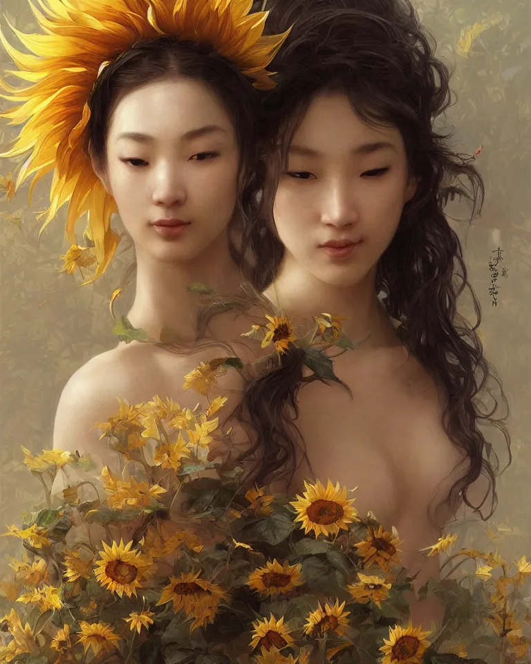 Image similar to character concept portrait of the sunflower goddess, an beautiful east-asian deity that channels sunlight and brings joy, intricate, elegant, digital painting, concept art, smooth, sharp focus, illustration, from Metal Gear, by Ruan Jia and Mandy Jurgens and William-Adolphe Bouguereau, Artgerm