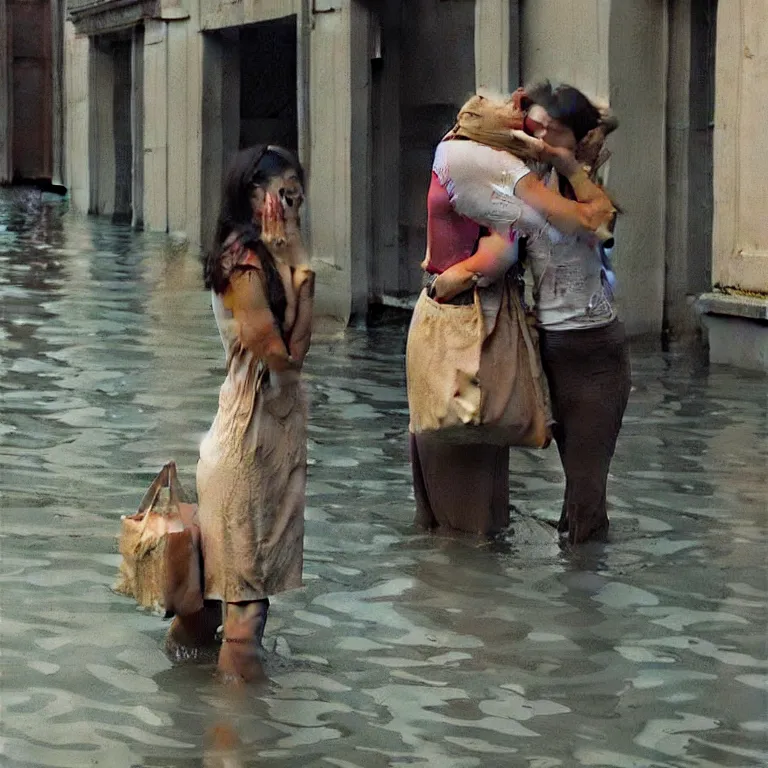 Image similar to two women hugging with a paper bag over the head dressed in plastic bags on flooded streets, highly detailed, artstation, art by, , edward hopper, Zdzislaw Beksinski, highly detailed