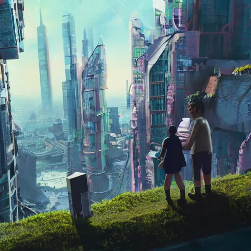 Image similar to a couple facing the desperate call of the void, futuristic cityscape, unreal 5 render, vivid colors, high detail, clear weather, studio ghibli, history painting, digital art, octane render, beautiful composition, trending on artstation, award - winning photograph, masterpiece