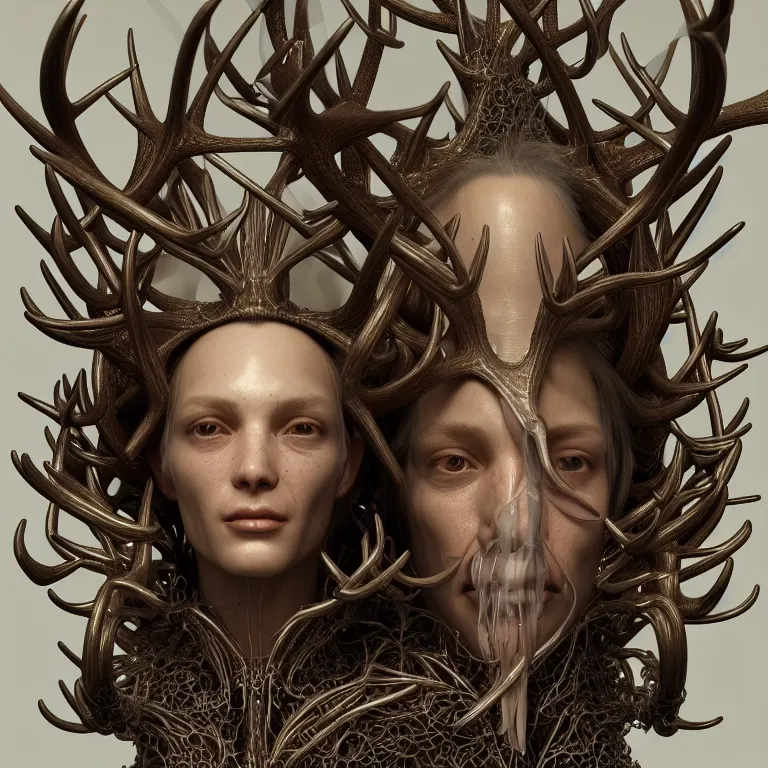 Image similar to portrait of transparent exoskeleton ms with ribbed body, covered with twisted ribbed crooked antlers, baroque portrait by rutkowsky and charles vess and james jean and erik jones and rhads, 3 d octane render, beautiful fine face features, intricate high details, sharp, ultradetailed, artistic photography