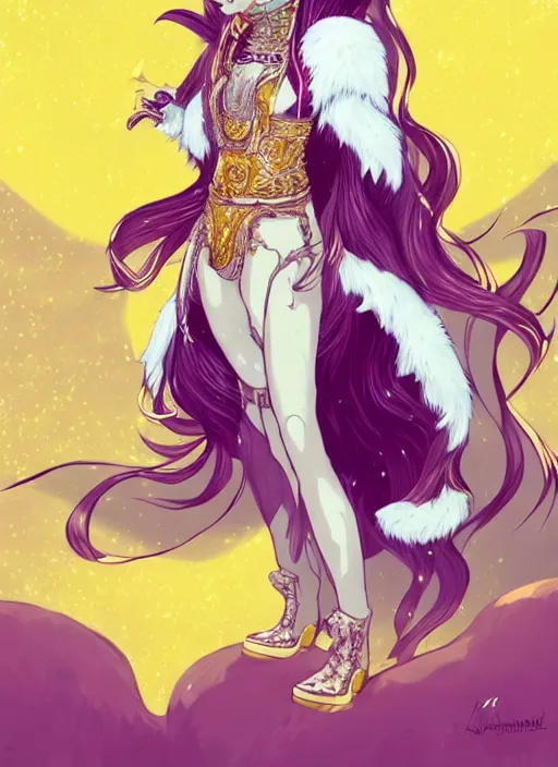 Image similar to commissioned full body portrait of a female anthro wolf princess fursona with white fur and long red hair hair wearing a blue and gold Japanese armored dress in a white and gold palace on a starry night with a large crescent moon, by a professional manga illustrator, by Kilian Eng, by Sandra Chevrier, trending on artstation