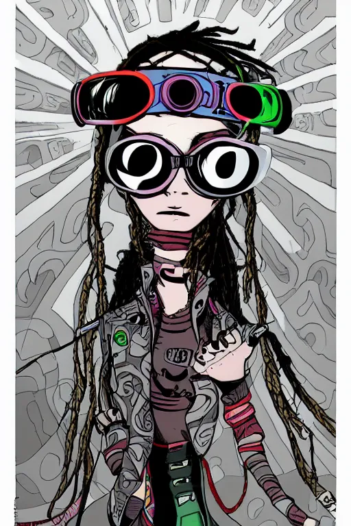 Prompt: cybergoth wearing goggles with dreads and eccentric clothing by jamie hewlett, cel shading, toon shading, detailed,