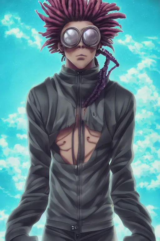 Prompt: portrait of an anime manga guy with dreads and goggles, straight on portrait, by artgerm, james jean, tom bagshaw, gerald brom, vaporwave colors, lofi colors, vaporwave, lofi, goth vibe, 4 k, smooth, hd, substance designer render, full body character concept art, symmetrical,