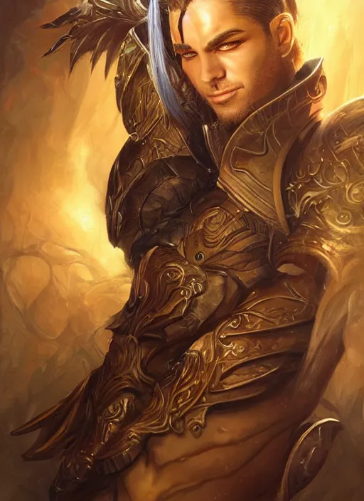 Image similar to a higly detailed airbrush full body shot and face portrait painting of a fantasy male character, pathfinder, dynamic lighting, ambient lighting, deviantart, art by artgerm, karol bak