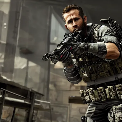 Prompt: Ryan Reynolds in Call of Duty black ops highly detailed, high quality, HD, 4k, 8k, Canon 300mm, professional photographer, 40mp, lifelike, top-rated, award winning, realistic, sharp, no blur, edited, corrected, trending