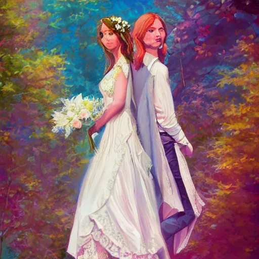 Image similar to wedding in 1 9 7 0 hippie fashion, digital painting, ultradetailed, artstation, oil painting, ultradetailed, artstation