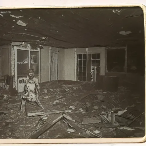 Image similar to a cabinet photo of a zombie lurking at a dark corner of a demolished building at night on the 1800s