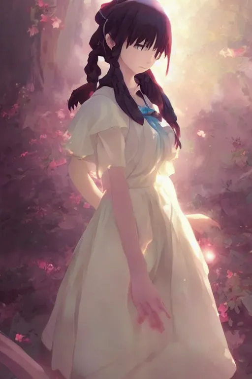 Image similar to anime girl wearing a maid dress, anime style, gorgeous face, by makoto shinkai, by wenjun lin, epic fantasy art, video game art