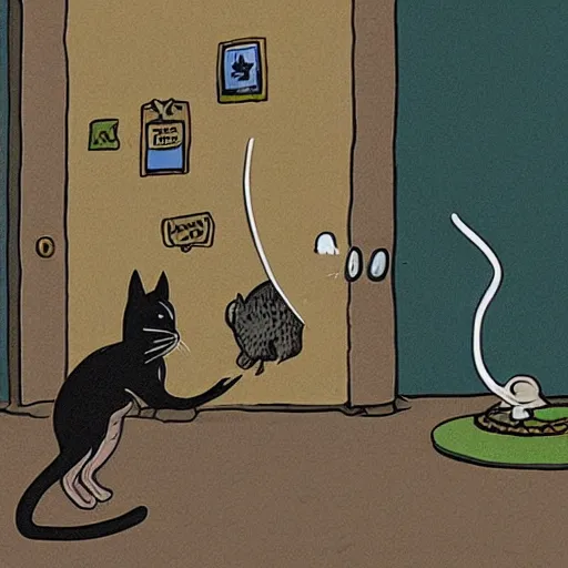 Image similar to a cartoon of a cat catching a mouse