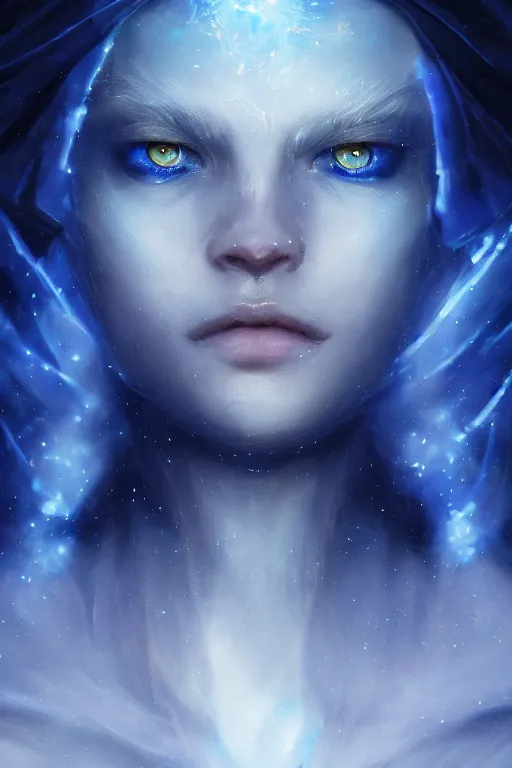 Image similar to a fancy close up portrait of a beautiful light mage covered in deep blue aura by Greg Rutkowski, Sung Choi, Mitchell Mohrhauser, Maciej Kuciara, Johnson Ting, Maxim Verehin, Peter Konig, final fantasy , mythical, 8k photorealistic, cinematic lighting, HD, high details, atmospheric,