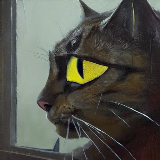 Prompt: giant cat with yellow eyes looking through a window at Jodie Marsh, Greg Rutkowski