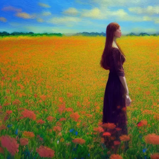 Image similar to woman standing in flower field, mattepainting, artstation, impressionism, blooming flower head