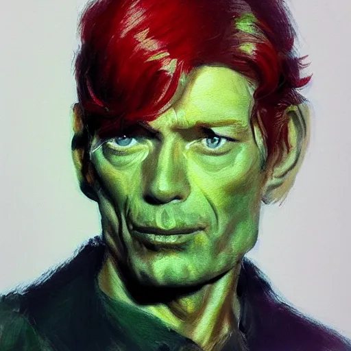 Image similar to peter otoole, hair green, face white, lips red, portrait, impressionistic, concept art