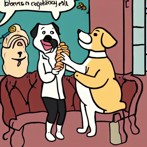 Prompt: dog eating croissants in paris cartoon