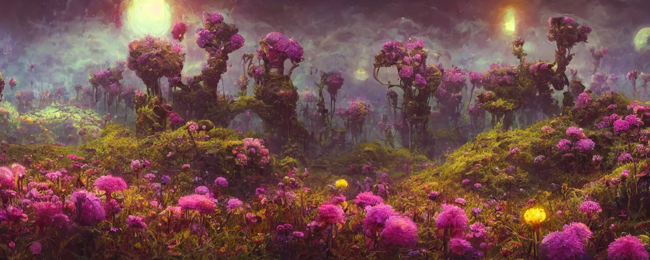 Image similar to ” outer planet overgrown with wild flowers, [ art by paul lehr, cinematic, detailed, epic, widescreen, opening, establishing, mattepainting, photorealistic, realistic textures, octane render ] ”