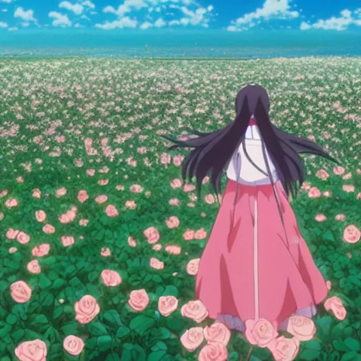 Prompt: the back view of an anime girl with medium and long hair standing in the sea of roses, relaxing, calm, cozy, peaceful, by mamoru hosoda, hayao miyazaki, makoto shinkai