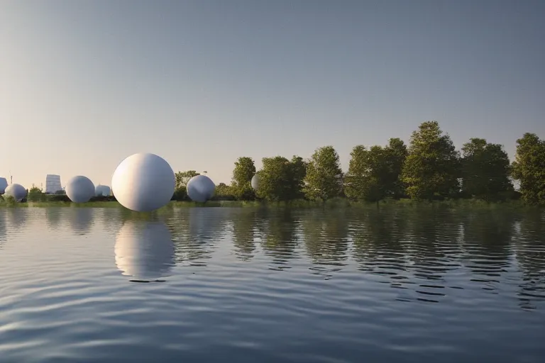 Image similar to many white round spherical buildings, it depends on each other to form a modern science fiction building ， by pierre bernard, on the calm lake, people's perspective, future, interior wood, dusk, unreal engine highly rendered, global illumination, radial light, internal environment