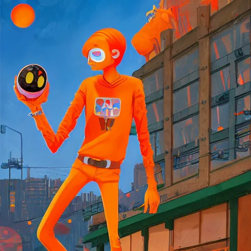 Image similar to a skinny young man with orange hair and glowing orange eyes as a super hero, pixar cute, highly detailed, sharp focus, neon color, digital painting, floating particles, excitement, artwork by Jeremiah Ketner + Mati Klarwein + Fintan Magee + Chris Mars, background artwork by greg rutkowski