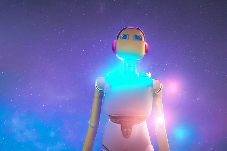 Image similar to a beautiful calm robot girl looking up to the stars, photograph, colorful background, render, 3 d, render, 8 k, 4 d,