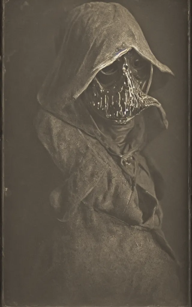 Image similar to portrait of an undead mutant plague doctor, daguerreotype, studio lighting, hyperrealistic, ultra detailed