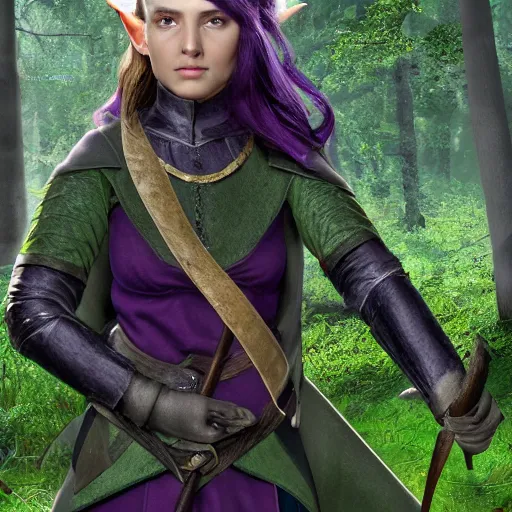 Image similar to anya charlota as a medieval fantasy tolkien elf, dark purplish hair tucked behind ears, wearing a green tunic with a fur lined collar and brown leather armor, wide, muscular build, scar across nose, one black, scaled arm, cinematic, character art, digital art, forest background, realistic. 8 k, 3 d render, detailed.