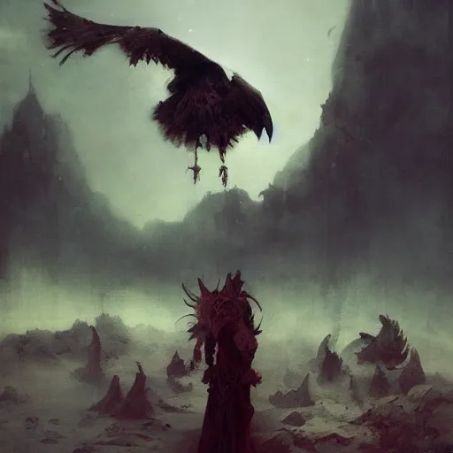 Image similar to Exterior Desert Oasis puissant physique demonic crow wearing a devilry costume Jan Van eyck greg rutkowski ilya repin christophe young bastien lecouffe-deharme ismail inceoglu odd nerdrum dragan bibin john steuart curry