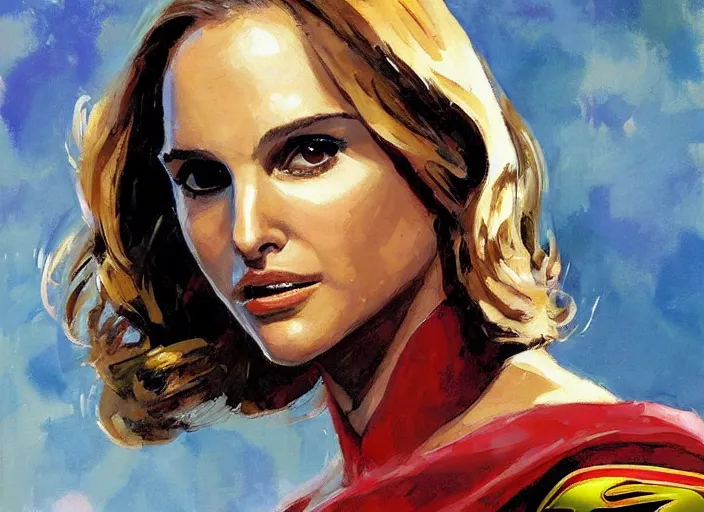 Prompt: a highly detailed beautiful portrait of natalie portman as supergirl, by gregory manchess, james gurney, james jean