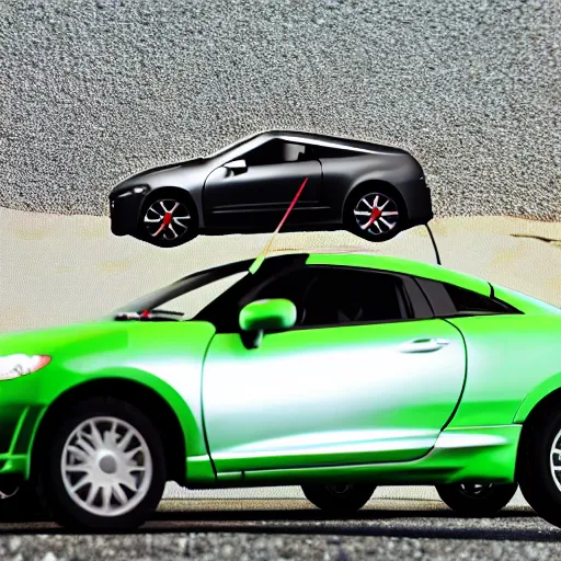 Prompt: a woman driving a Jada toys mitsubishi eclipse green diecast car, high resolution macro photo, viewed through the cars window