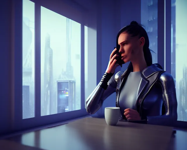 Prompt: a soft photo of a lifelike terminator cyborg lady with borg implants and optical fibers is drinking coffee near a window with dystopian city visible outside. very detailed 8 k. cyberpunk style. unreal engine render. global illumination. nanite. rtx. path tracing.