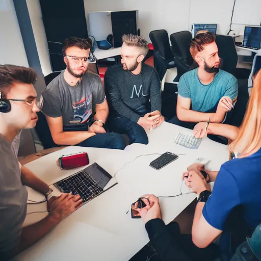 Prompt: group of european youtubers discussing how to become the biggest on the platform, octane render