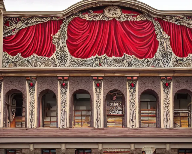 Image similar to photo of an outdoor mural of an opera house from the early 1 9 0 0 s in the style of art nouveau, red curtains, art nouveau design elements, art nouveau ornament, opera house architectural elements, painted on a brick wall, outdoor mural, mucha