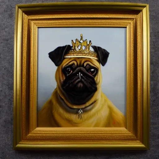 Image similar to regal pug in kings clothing and crown, oil painting, framed